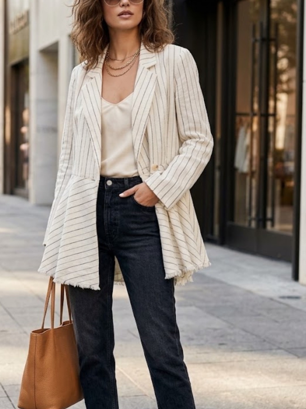 Free People Cream Blazer with Brown Pinstripes